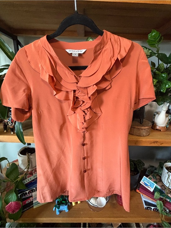 Pendleton Tops - Pendleton 100% Silk Orange Ruffle Front Short-Sleeve Blouse | Size 6